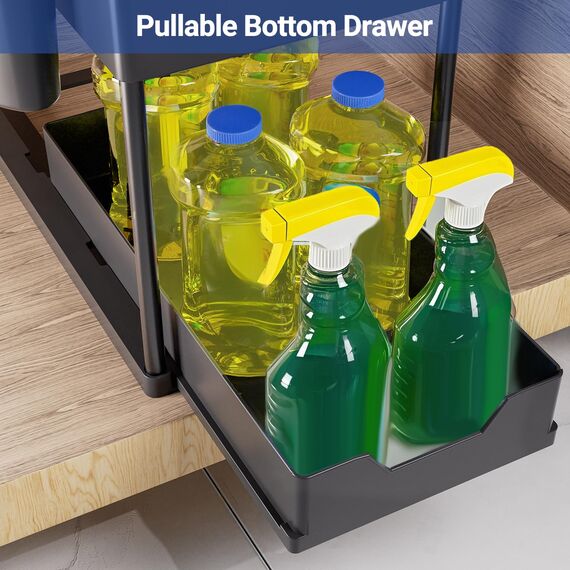 Puricon Unter Waschbecken Regal Spülschrank Organizer, 2 Etagen Standregal Küche Arbeitsplatte Regal Organizer, Mehrfunktional Küchenregal Gewürzregal Unterschrankregal Spülschrankregal -Schwarz