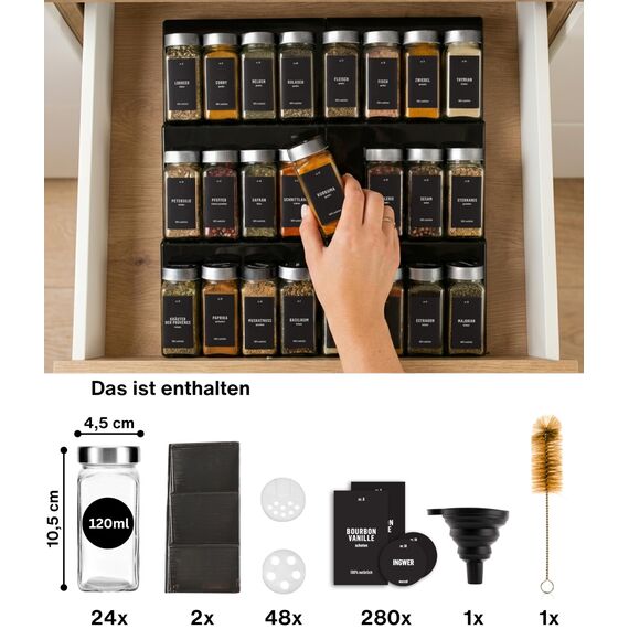Deco haus Gewürzregal mit Gläsern [MIT 24 GEWÜRZGLÄSER & ETIKETTEN] - Gewürzregal Schublade ausziehbar - Gewürz Organizer Schublade - Gewürz Schubladeneinsatz Gewürze - Gewürzorganizer