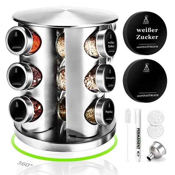 SAEIV 360° Rotation Gewürzregal Stehend | Gewürze drehteller organizer | 12 100ml-Gewürzgläser | Dreifach Gewürzregale Drehbar | Deutsch Gewürzetiketten | Küche Regal | Gewürz Organizer