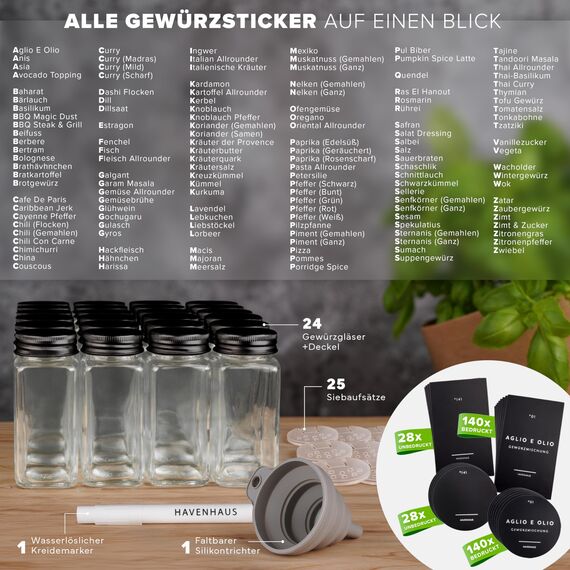 HAVENHAUS Gewürzgläser Set schwarz | 24 Gewürz Organizer inkl. 336 deutschen Gewürzetiketten | Gewürzgläser eckig mit Streuaufsätzen | Gewürze Aufbewahrung Küche | Gewürzstreuer& Gewürzbehälter modern