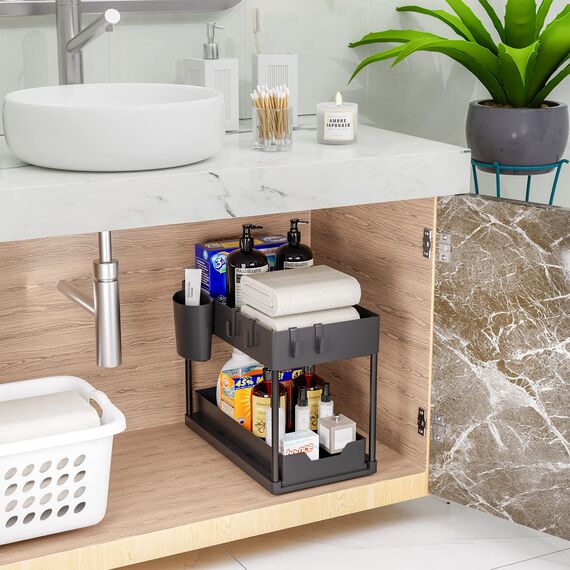 Puricon Unter Waschbecken Regal Spülschrank Organizer, 2 Etagen Standregal Küche Arbeitsplatte Regal Organizer, Mehrfunktional Küchenregal Gewürzregal Unterschrankregal Spülschrankregal -Schwarz