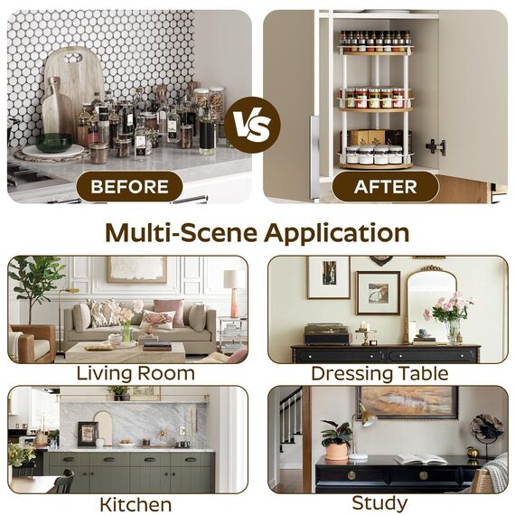 YATINEY Gewürzregal, 3-stufiger drehbarer Organizer, kreisdrehbares Gewürzregal Stehend, kompakter Gewürzhalter mit Drehscheibe, für Küchentheke, Esstisch, Weiß und Natur XSR23WN