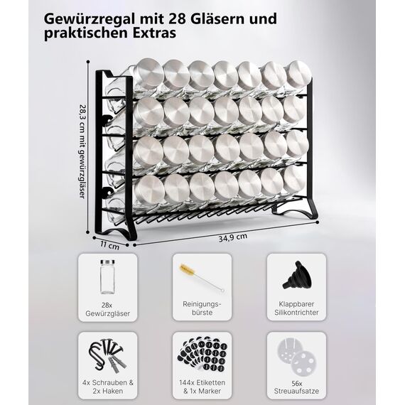 Deco haus® Gewürzregal Stehend & Wand [MIT 28 GLÄSERN & GEWÜRZETIKETTEN] - Gewürz Organizer - Gewürzregal Wand - Spice Rack Organizer - Gewürzständer Gewürzregale Hängend - Gewürzregale Schrank