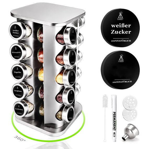 SAEIV Rotation Gewürzregal Stehend | Gewürze drehteller organizer | 20 100ml-Gewürzgläser | Fünflagig Gewürzregale Drehbar | Deutsch Gewürzetiketten | Küche Regal | Gewürz Organizer