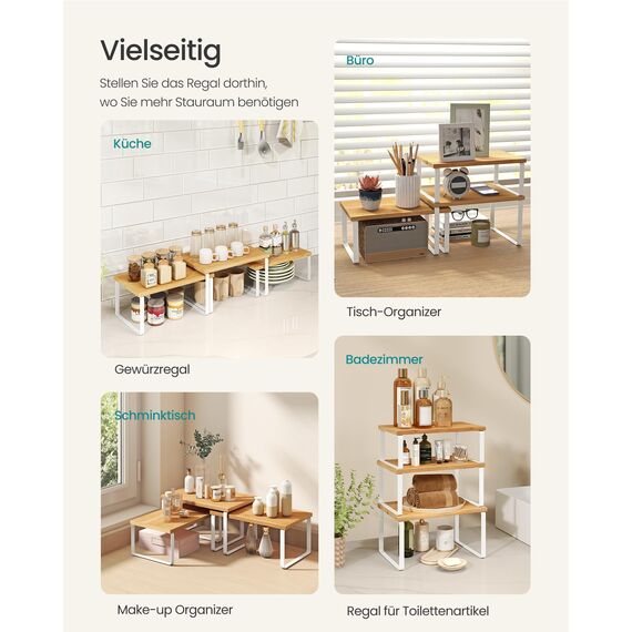 SONGMICS Gewürzregal, 3er Set Küchen-Organizer, Küchenregal, stapelbar, erweiterbar, Metall und Holzwerkstoff, wolkenweiß-naturbeige KCS014YL02