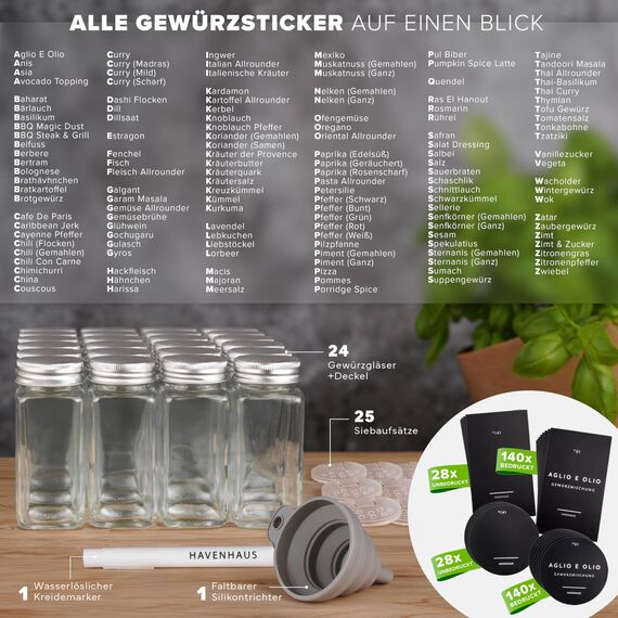 Havenhaus Premium Gewürzgläser Set Aluminium | 24 Gewürz Organizer inkl. 336 deutschen Gewürzetiketten | Gewürzgläser eckig mit Streuaufsätzen lebensmittelecht | Gewürzstreuer & Gewürzbehälter modern