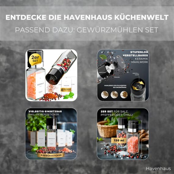 Havenhaus Premium Gewürzgläser Set Aluminium | 24 Gewürz Organizer inkl. 336 deutschen Gewürzetiketten | Gewürzgläser eckig mit Streuaufsätzen lebensmittelecht | Gewürzstreuer & Gewürzbehälter modern