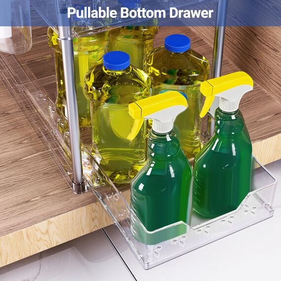 Puricon Unter Waschbecken Regal, 2 Etagen Standregal Küche Arbeitsplatte Regal Organizer, Mehrfunktional Küchenregal Gewürzregal Unterschrankregal Spülschrankregal -Clear