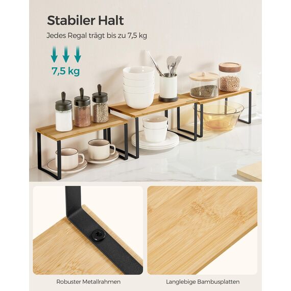 SONGMICS Gewürzregal, 3er Set Küchen-Organizer, Küchenregal, stapelbar, erweiterbar, Metall und Holzwerkstoff, tintenschwarz-naturbeige KCS014B01