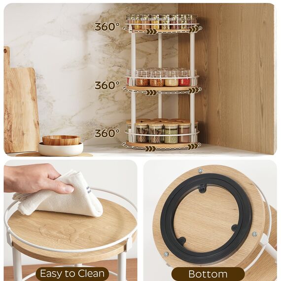 YATINEY Gewürzregal, 3-stufiger drehbarer Organizer, kreisdrehbares Gewürzregal Stehend, kompakter Gewürzhalter mit Drehscheibe, für Küchentheke, Esstisch, Weiß und Natur XSR23WN