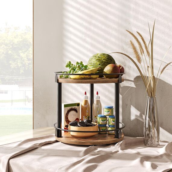 YATINEY Gewürzregal, 2-stufiger drehbarer Organizer Küchenregal, kreisdrehbares Gewürzregal Stehend, kompakter Gewürzhalter mit Drehscheibe, für Küchentheke, Esstisch, Vintagebraun und Schwarz XSR22BR