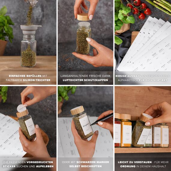 HAVENHAUS Premium Gewürzgläser Set Holzdeckel | 24 Gewürz Organizer inkl. 336 deutschen Gewürzetiketten | Gewürzgläser eckig mit Streuaufsätzen lebensmittelecht | Gewürzstreuer & Gewürzbehälter modern