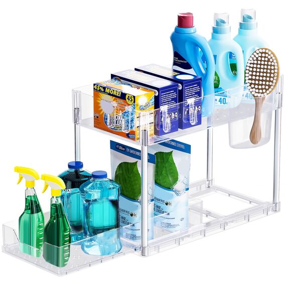 Puricon Unter Waschbecken Regal, 2 Etagen Standregal Küche Arbeitsplatte Regal Organizer, Mehrfunktional Küchenregal Gewürzregal Unterschrankregal Spülschrankregal -Clear