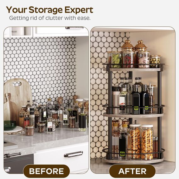 YATINEY Gewürzregal, 3-stufiger drehbarer Organizer, kreisdrehbares Lagerregal, kompakter Gewürzhalter mit Drehscheibe, für Küchentheke, Esstisch, Greige und Schwarz XSR23BG