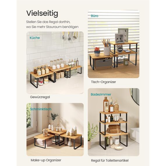 SONGMICS Gewürzregal, 3er Set Küchen-Organizer, Küchenregal, stapelbar, erweiterbar, Metall und Holzwerkstoff, tintenschwarz-naturbeige KCS014YL03