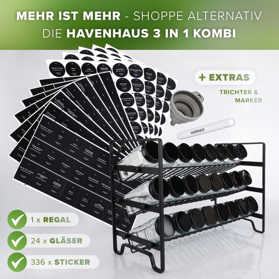 HAVENHAUS Gewürzgläser Set schwarz | 24 Gewürz Organizer inkl. 336 deutschen Gewürzetiketten | Gewürzgläser eckig mit Streuaufsätzen | Gewürze Aufbewahrung Küche | Gewürzstreuer& Gewürzbehälter modern