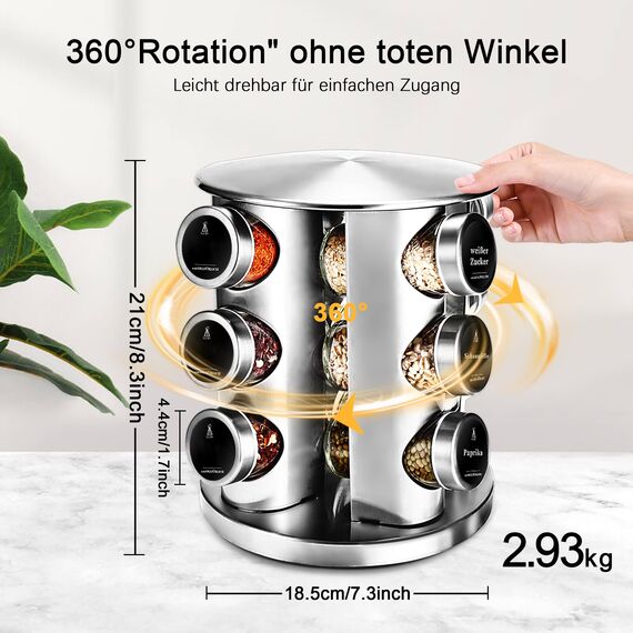 SAEIV 360° Rotation Gewürzregal Stehend | Gewürze drehteller organizer | 12 100ml-Gewürzgläser | Dreifach Gewürzregale Drehbar | Deutsch Gewürzetiketten | Küche Regal | Gewürz Organizer