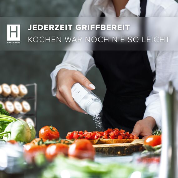 HAVENHAUS Premium Gewürzgläser Set Holzdeckel | 24 Gewürz Organizer inkl. 336 deutschen Gewürzetiketten | Gewürzgläser eckig mit Streuaufsätzen lebensmittelecht | Gewürzstreuer & Gewürzbehälter modern