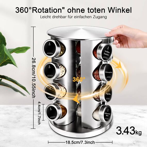 SAEIV 360° Rotation Gewürzregal Stehend | Gewürze drehteller organizer | 16 100ml-Gewürzgläser | Vierstöckige Gewürzregale Drehbar | Deutsch Gewürzetiketten | Küche Regal | Gewürz Organizer