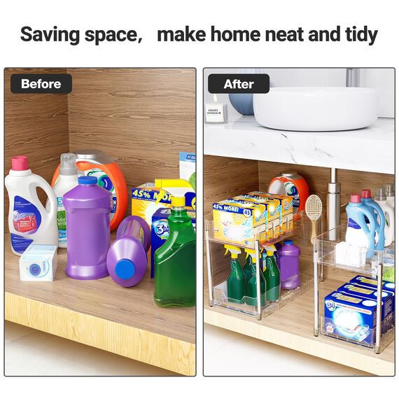 Puricon Unter Waschbecken Regal, 2 Etagen Standregal Küche Arbeitsplatte Regal Organizer, Mehrfunktional Küchenregal Gewürzregal Unterschrankregal Spülschrankregal -Clear