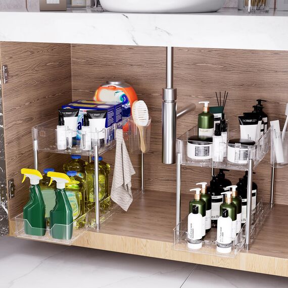 Puricon Unter Waschbecken Regal, 2 Etagen Standregal Küche Arbeitsplatte Regal Organizer, Mehrfunktional Küchenregal Gewürzregal Unterschrankregal Spülschrankregal -Clear