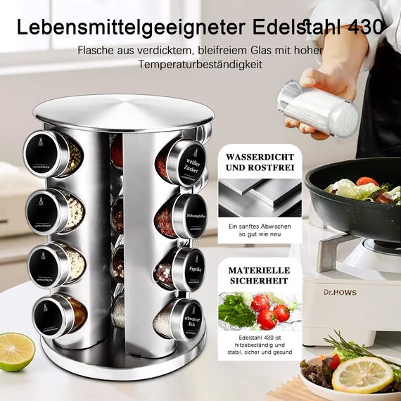 SAEIV 360° Rotation Gewürzregal Stehend | Gewürze drehteller organizer | 16 100ml-Gewürzgläser | Vierstöckige Gewürzregale Drehbar | Deutsch Gewürzetiketten | Küche Regal | Gewürz Organizer