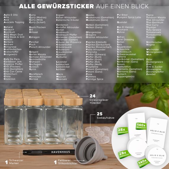 HAVENHAUS Premium Gewürzgläser Set Holzdeckel | 24 Gewürz Organizer inkl. 336 deutschen Gewürzetiketten | Gewürzgläser eckig mit Streuaufsätzen lebensmittelecht | Gewürzstreuer & Gewürzbehälter modern