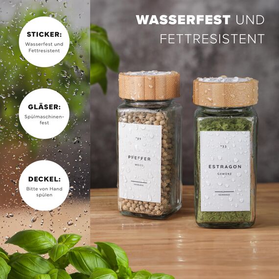 HAVENHAUS Premium Gewürzgläser Set Holzdeckel | 24 Gewürz Organizer inkl. 336 deutschen Gewürzetiketten | Gewürzgläser eckig mit Streuaufsätzen lebensmittelecht | Gewürzstreuer & Gewürzbehälter modern