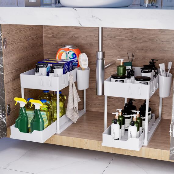 Puricon Unter Waschbecken Regal, 2 Etagen Standregal Küche Arbeitsplatte Regal Organizer, Mehrfunktional Küchenregal Gewürzregal Unterschrankregal Spülschrankregal -Weiß