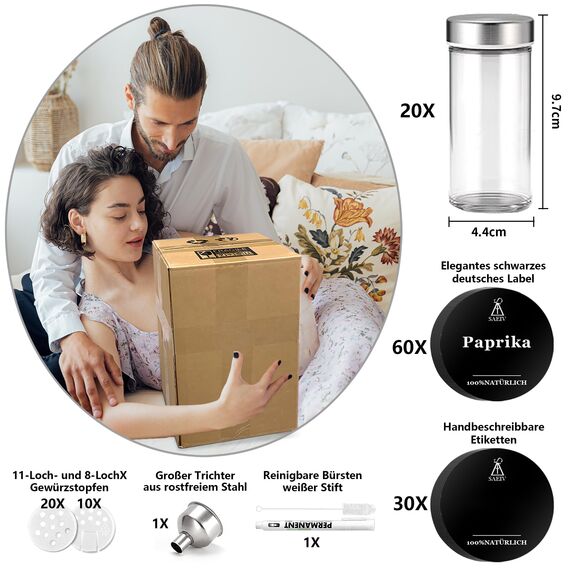 SAEIV Rotation Gewürzregal Stehend | Gewürze drehteller organizer | 20 100ml-Gewürzgläser | Fünflagig Gewürzregale Drehbar | Deutsch Gewürzetiketten | Küche Regal | Gewürz Organizer