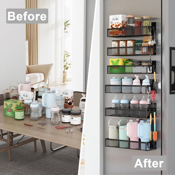 Aufworld Magnetisches Gewürzregal für Kühlschrank, 6 Pack Magnetregal, Kühlschrank Magnet Organizer mit beweglichen 12 Haken, Magnetisches Kühlschrankregal für Küchenorganisation und Lagerung(6 PACK)