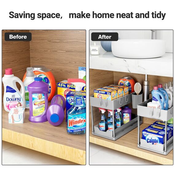 Puricon 2 Set Unter Waschbecken Regal, 2 Etagen Standregal Küche Arbeitsplatte Regal Organizer, Mehrfunktional Küchenregal Gewürzregal Unterschrankregal Spülschrankregal -Grau