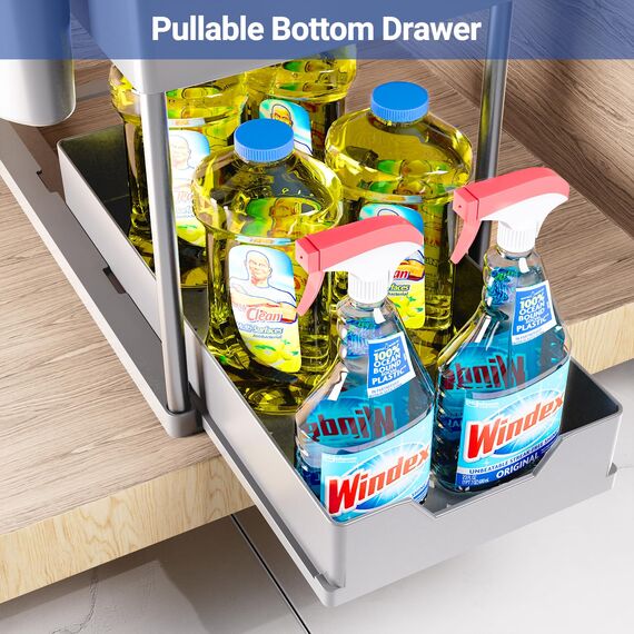 Puricon 2 Set Unter Waschbecken Regal, 2 Etagen Standregal Küche Arbeitsplatte Regal Organizer, Mehrfunktional Küchenregal Gewürzregal Unterschrankregal Spülschrankregal -Grau