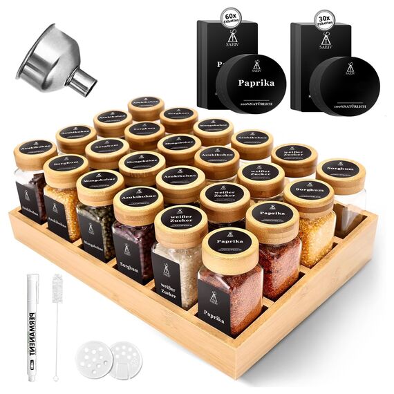 SAEIV Natürlicher Bambus Gewürzregal mit Gläsern, Gewürzregale Schrank Set mit 24 Gewürzgläser Eckig, Spice Rack Bambus für Eine Aufgeräumte und Organisierte Küche Geeignet