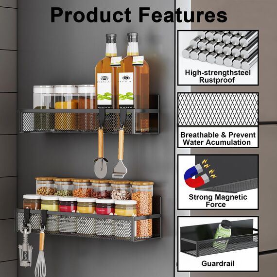 Aufworld Magnetisches Gewürzregal für Kühlschrank, 6 Pack Magnetregal, Kühlschrank Magnet Organizer mit beweglichen 12 Haken, Magnetisches Kühlschrankregal für Küchenorganisation und Lagerung(6 PACK)