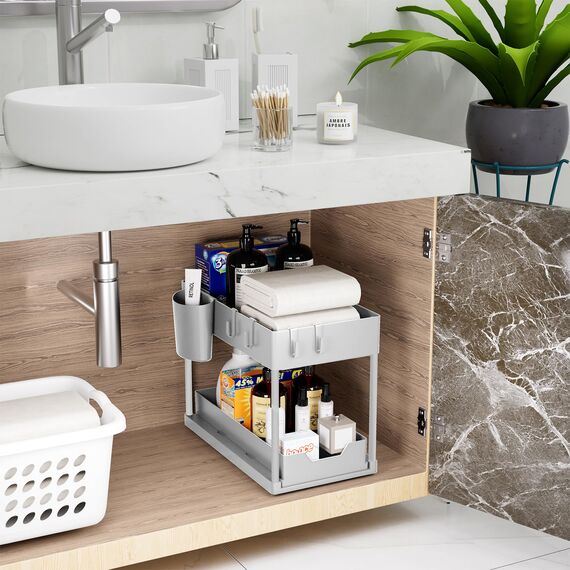 Puricon 2 Set Unter Waschbecken Regal, 2 Etagen Standregal Küche Arbeitsplatte Regal Organizer, Mehrfunktional Küchenregal Gewürzregal Unterschrankregal Spülschrankregal -Grau