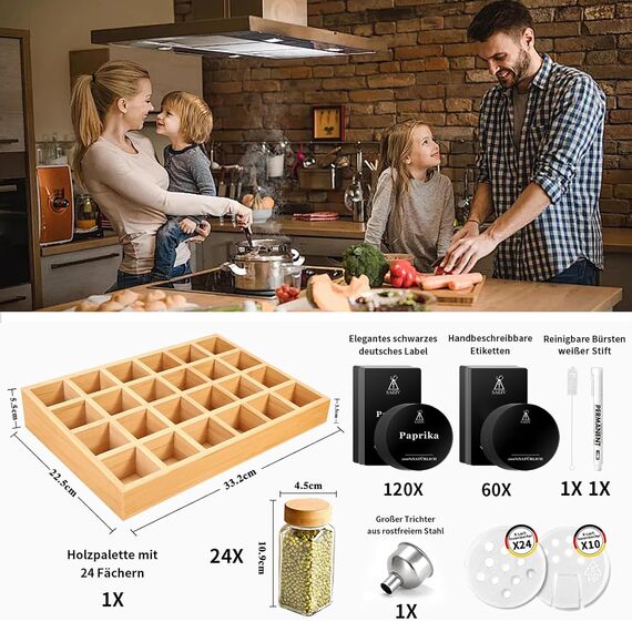 SAEIV Natürlicher Bambus Gewürzregal mit Gläsern, Gewürzregale Schrank Set mit 24 Gewürzgläser Eckig, Spice Rack Bambus für Eine Aufgeräumte und Organisierte Küche Geeignet