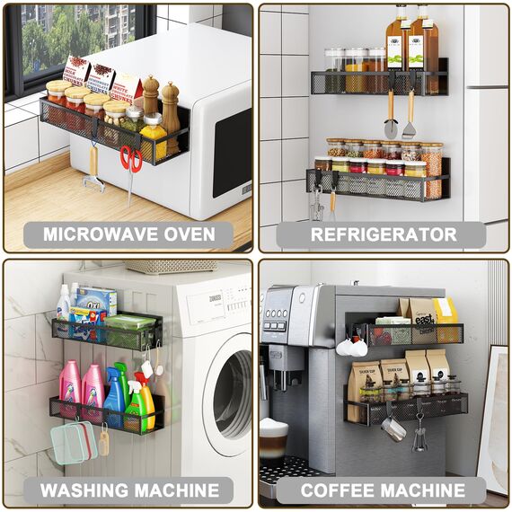 Aufworld Magnetisches Gewürzregal für Kühlschrank, 2 Pack Magnetregal, Kühlschrank Magnet Organizer mit beweglichen 4 Haken, Magnetisches Kühlschrankregal für Küchenorganisation und Lagerung (2 PACK)