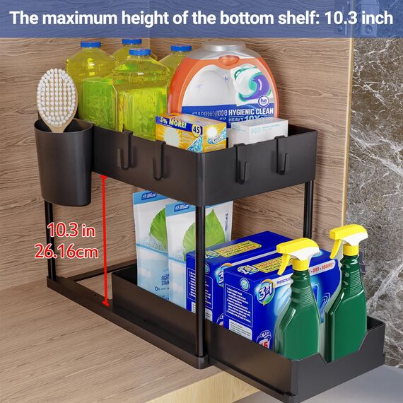 Puricon Unter Waschbecken Regal Spülschrank Organizer, 2 Etagen Standregal Küche Arbeitsplatte Regal Organizer, Mehrfunktional Küchenregal Gewürzregal Unterschrankregal Spülschrankregal -Schwarz