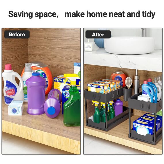 Puricon Unter Waschbecken Regal Spülschrank Organizer, 2 Etagen Standregal Küche Arbeitsplatte Regal Organizer, Mehrfunktional Küchenregal Gewürzregal Unterschrankregal Spülschrankregal -Schwarz