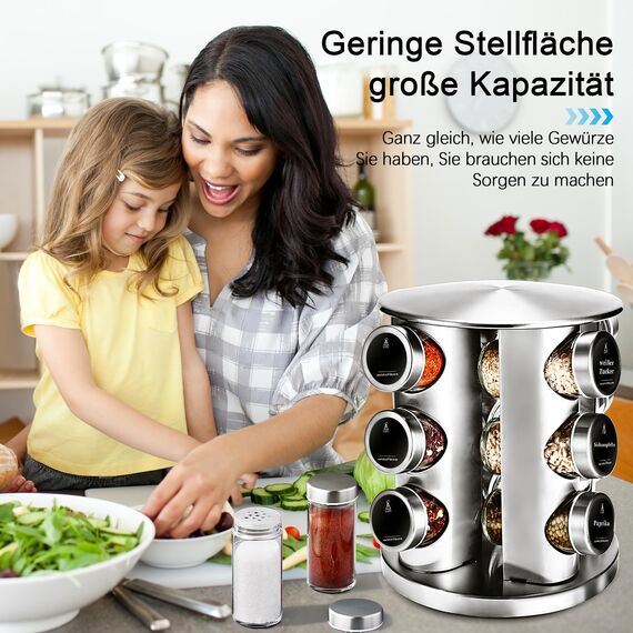 SAEIV 360° Rotation Gewürzregal Stehend | Gewürze drehteller organizer | 12 100ml-Gewürzgläser | Dreifach Gewürzregale Drehbar | Deutsch Gewürzetiketten | Küche Regal | Gewürz Organizer