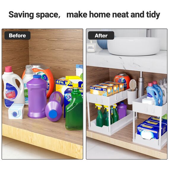 Puricon Unter Waschbecken Regal, 2 Etagen Standregal Küche Arbeitsplatte Regal Organizer, Mehrfunktional Küchenregal Gewürzregal Unterschrankregal Spülschrankregal -Weiß