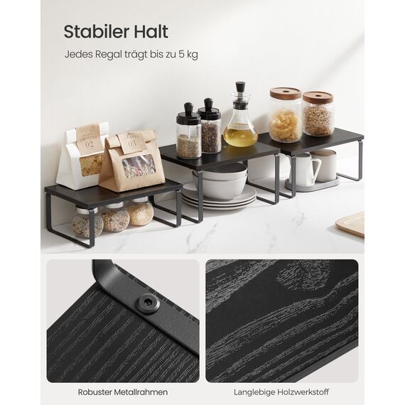 SONGMICS Gewürzregal, 3er Set Küchen-Organizer, Küchenregal, stapelbar, erweiterbar, Metall und Holzwerkstoff, anthrazitgrau-mattschwarz KCS220B01