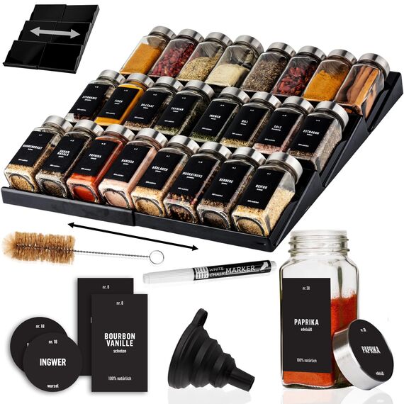 Deco haus Gewürzregal mit Gläsern [MIT 24 GEWÜRZGLÄSER & ETIKETTEN] - Gewürzregal Schublade ausziehbar - Gewürz Organizer Schublade - Gewürz Schubladeneinsatz Gewürze - Gewürzorganizer