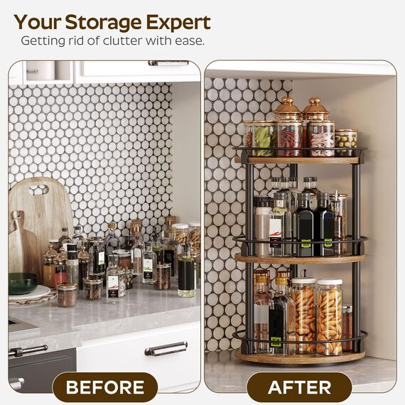 YATINEY Gewürzregal, 3-stufiger drehbarer Organizer, kreisdrehbares Gewürzregal Stehend, kompakter Gewürzhalter mit Drehscheibe, für Küchentheke, Esstisch, Vintagebraun und Schwarz XSR23BR