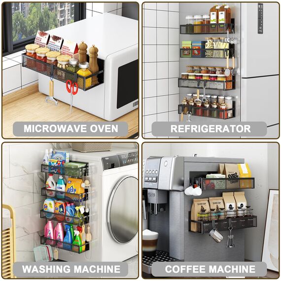 Aufworld Magnetisches Gewürzregal für Kühlschrank, 4 Pack Magnetregal, Kühlschrank Magnet Organizer mit beweglichen 8 Haken, Magnetisches Kühlschrankregal für Küchenorganisation und Lagerung (4 PACK)