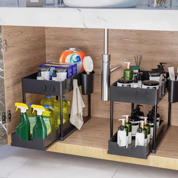 Puricon Unter Waschbecken Regal Spülschrank Organizer, 2 Etagen Standregal Küche Arbeitsplatte Regal Organizer, Mehrfunktional Küchenregal Gewürzregal Unterschrankregal Spülschrankregal -Schwarz