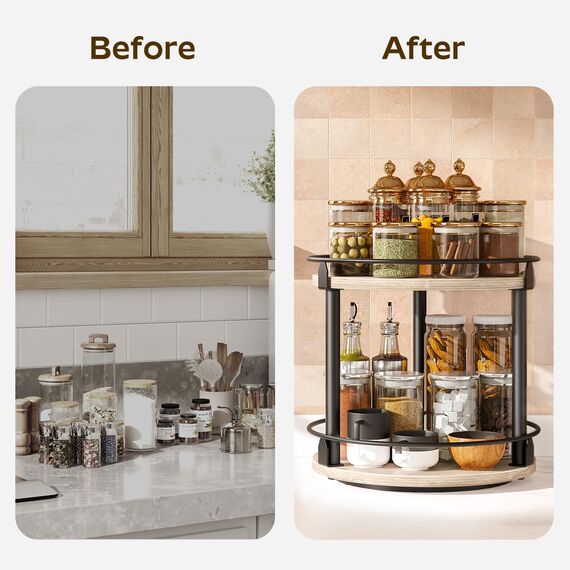 YATINEY Gewürzregal, 2-stufiger drehbarer Organizer, kreisdrehbares Lagerregal, kompakter Gewürzhalter mit Drehscheibe, für Küchentheke, Esstisch, Greige und Schwarz XSR22BG