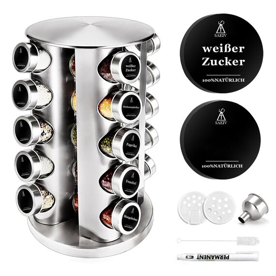 SAEIV 360° Rotation Gewürzregal Stehend | Gewürze drehteller organizer | 20 100ml-Gewürzgläser | Fünflagig Gewürzregale Drehbar | Deutsch Gewürzetiketten | Küche Regal | gewürze aufbewahrung