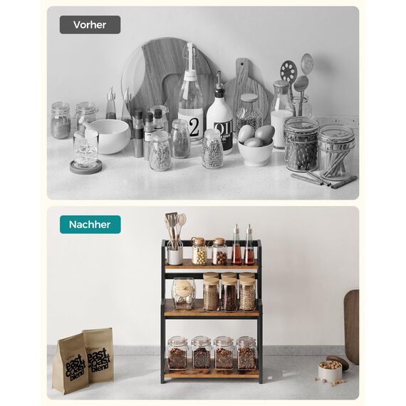 SONGMICS Gewürzregal mit 3 Ebenen, Küchenregal, Aufbewahrungsregal, für Arbeitsplatte, Bambusgestell, für Küche, Esszimmer, Büro, vintagebraun-schwarz OFS047B01